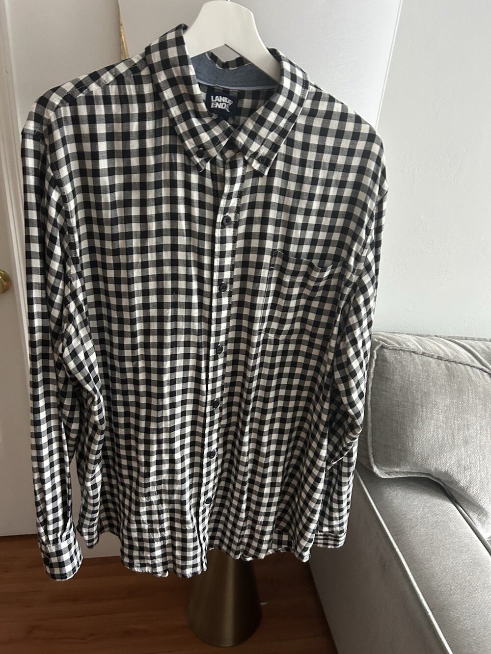 Lands' End Mens Gingham Shirt XL Black White 90’s Preppy Grunge